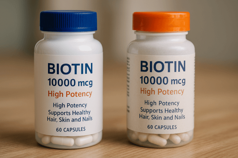 Two biotin supplement bottles on table