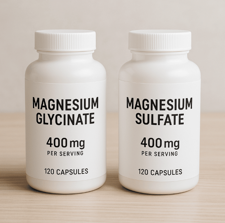 Two bottles of magnesium glycinate on a table