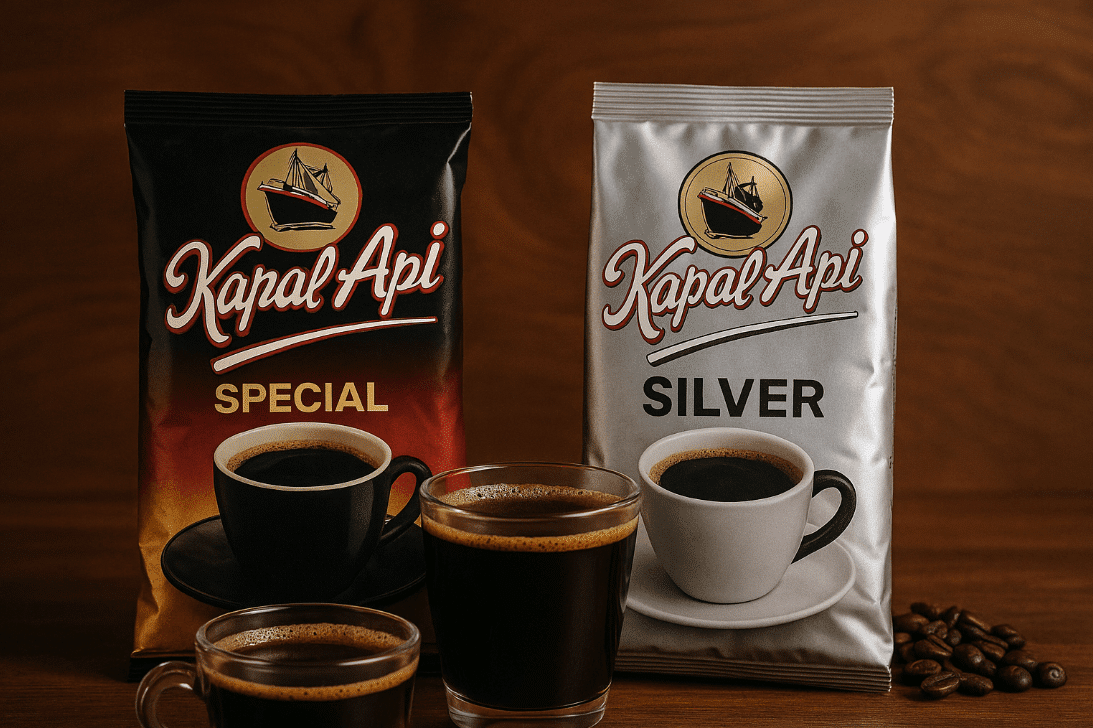 Two coffee cups with Kapal Api Silver and Hitam coffee bags