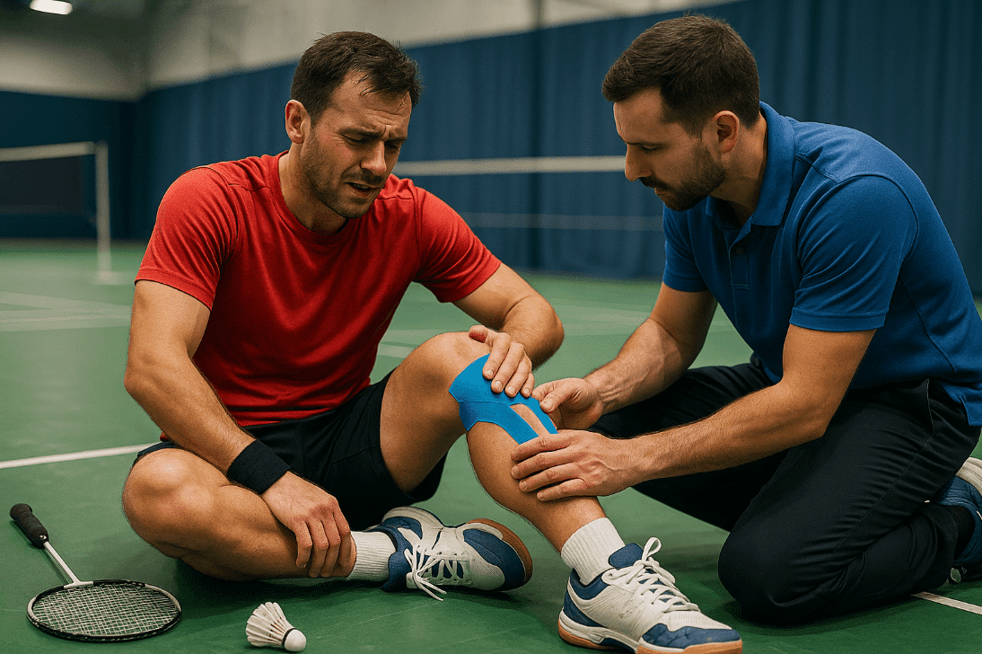 Two men on tennis court with racquets