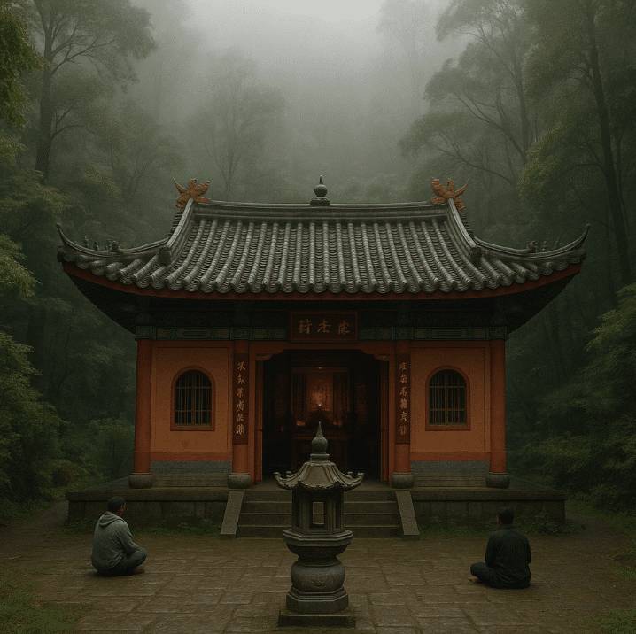 Two people sitting in front of Klenteng Dewa Shen Nung building