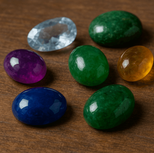 Variety of colorful rocks on a wooden table