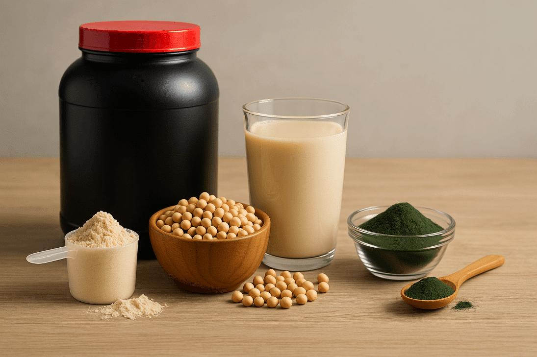 Variety of foods on a wooden table for athlete supplements