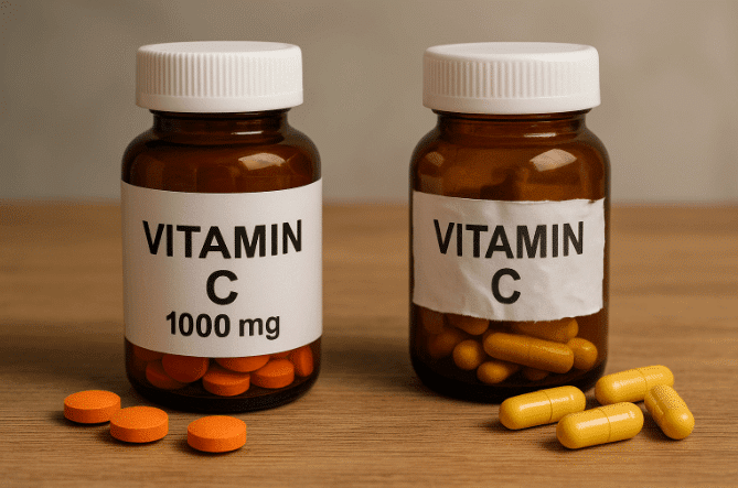 Vitamin c bottles and pills on table