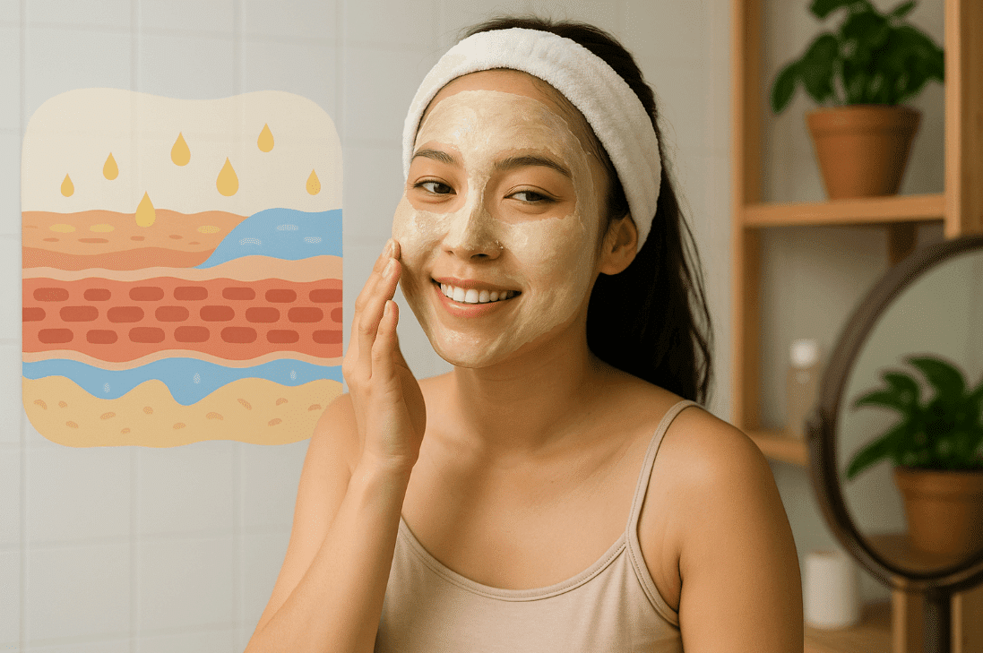 Woman applying clay mask with towel on head