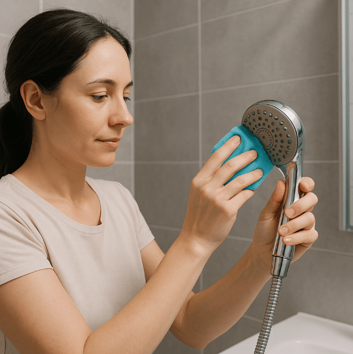 Woman drying hair in bathroom with shower in background