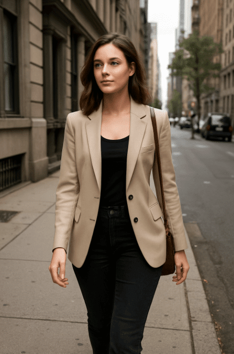 Woman in a suit walking confidently