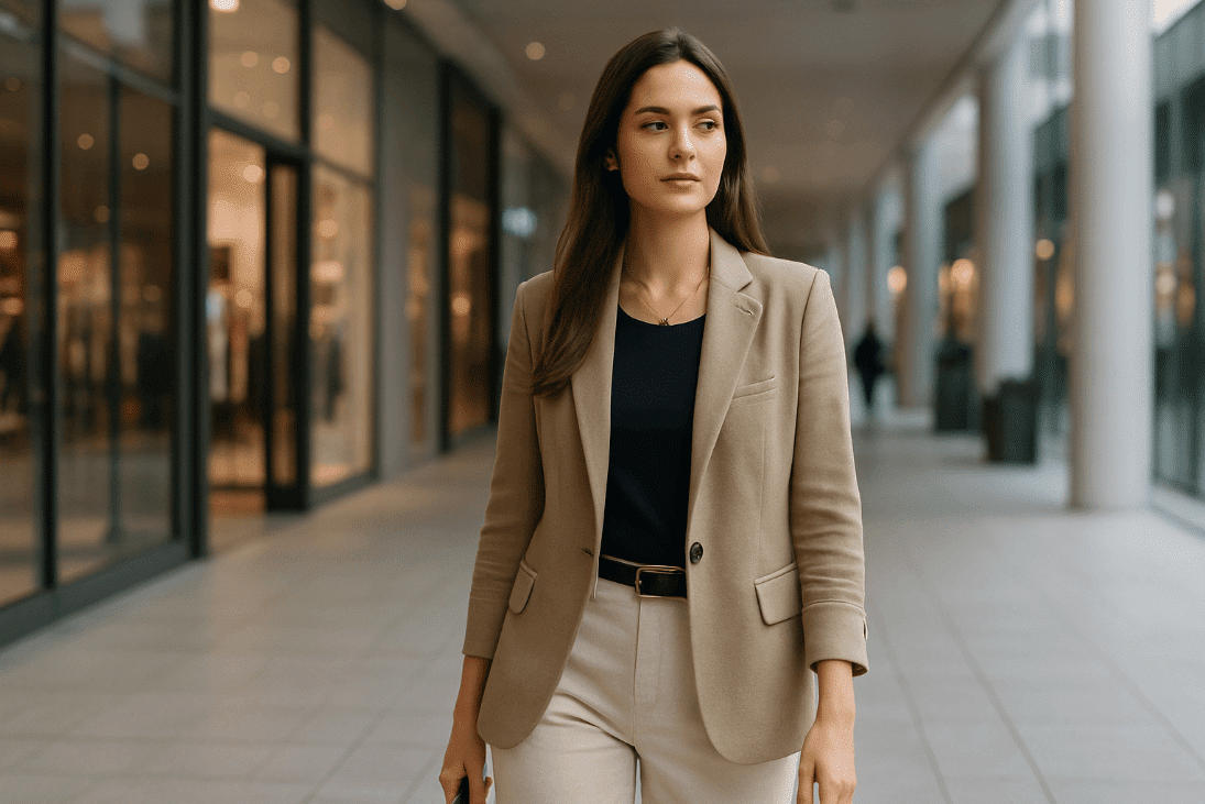 Woman in a suit walking down the street