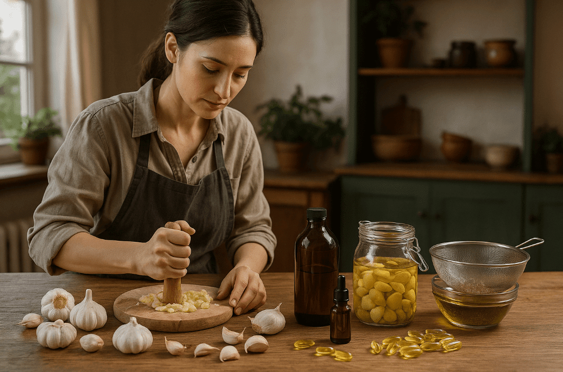 Woman in apron making garlic oil as supplement