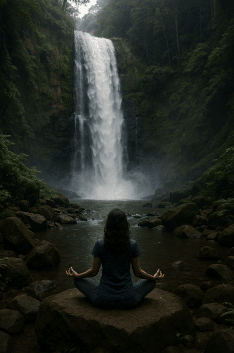 Woman meditating on rock by waterfall for self healing