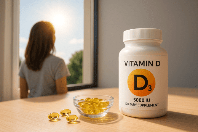 Woman sitting beside vitamin D3 supplement bowl