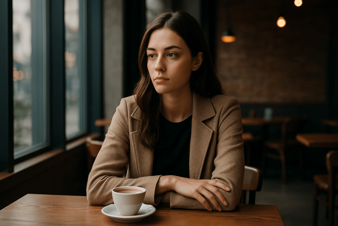 Woman sitting with coffee at table in a ghosting advice blog