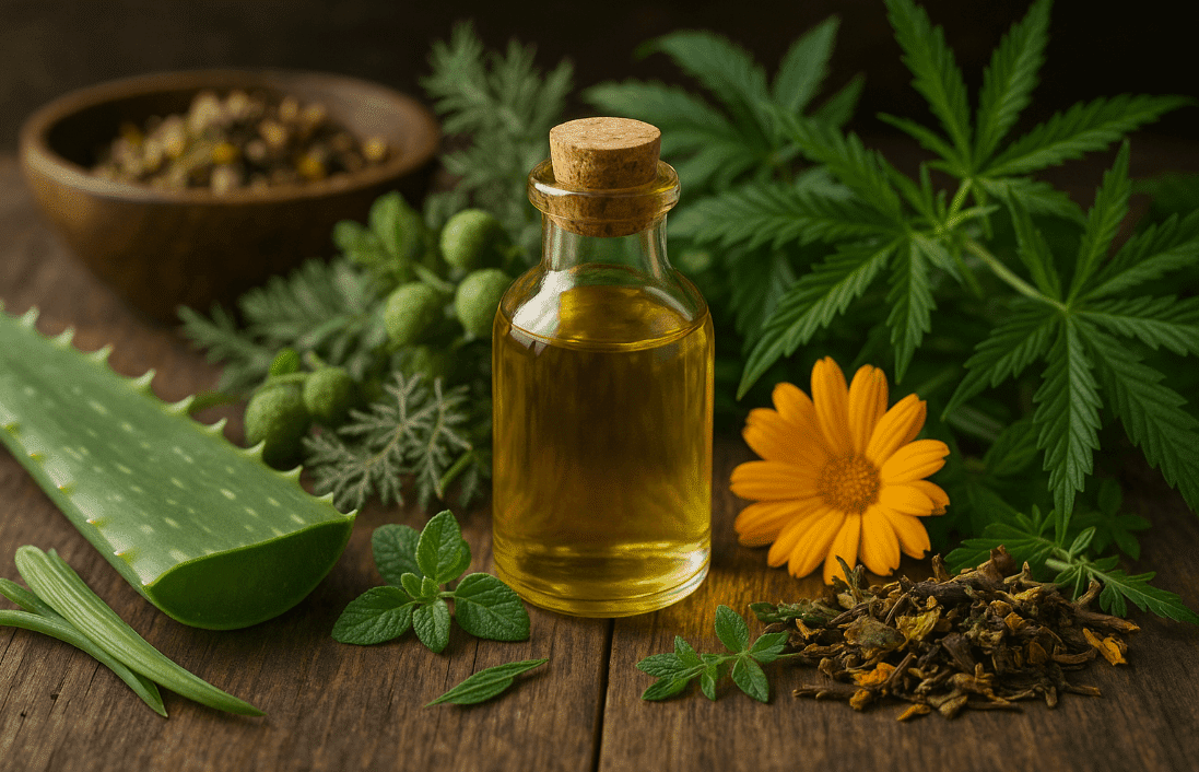 A bottle of oil with a plant and flowers, ingredients for homemade Kutus Kutus oil
