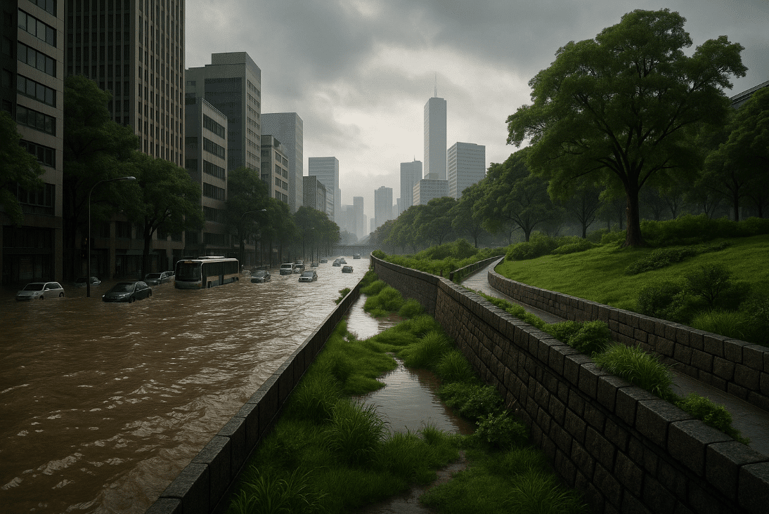 A flooded street with cars navigating water in Southeast Asia