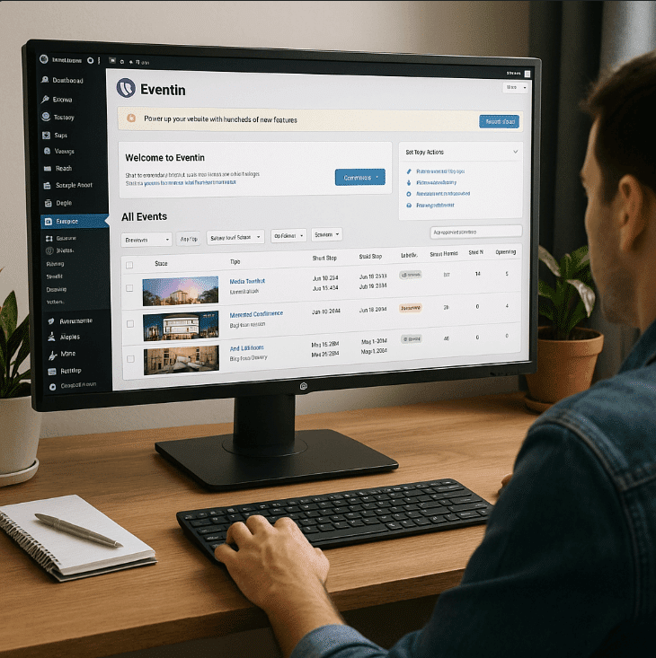 A man at a desk using a computer for event website creation
