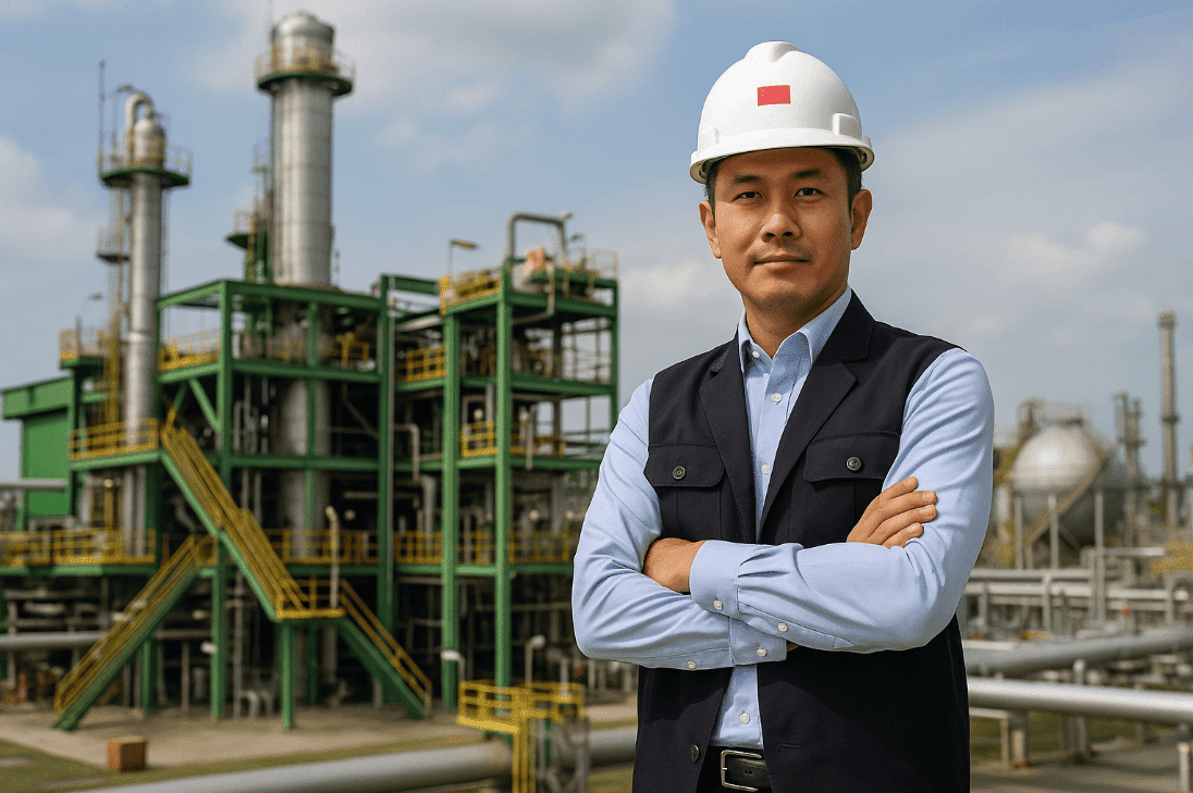 a man in a hard hat standing in front of a factory