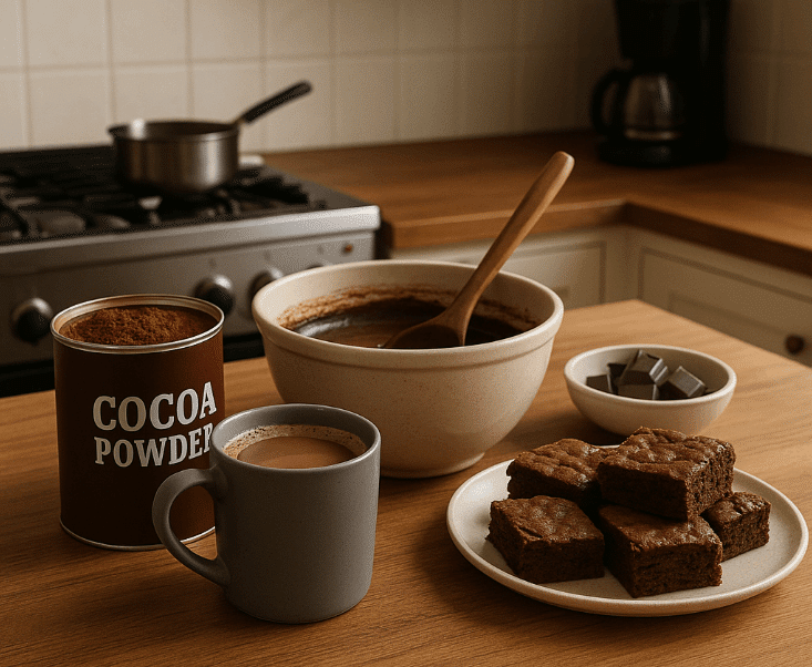 A wooden table with coffee cups and brownies highlighting chocolate products