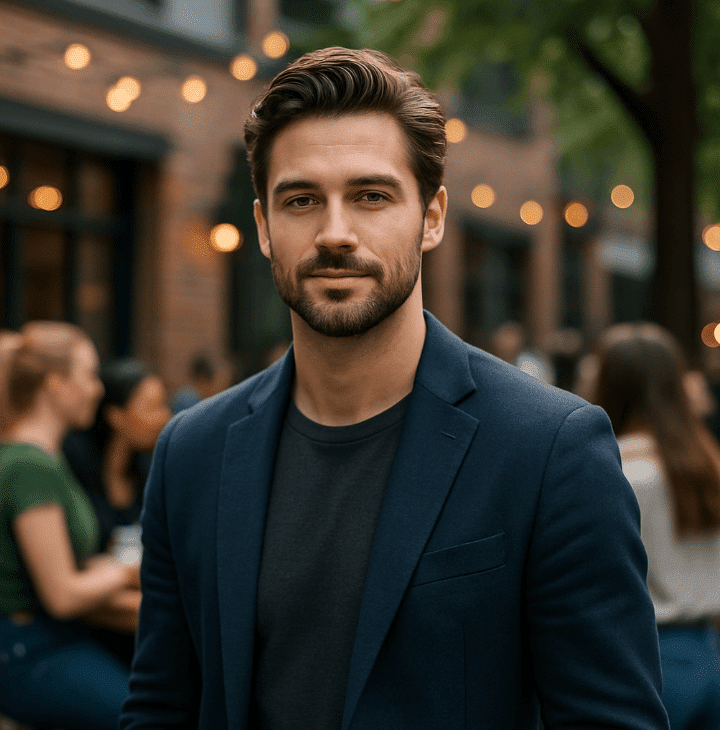 Bearded man standing in front of a building