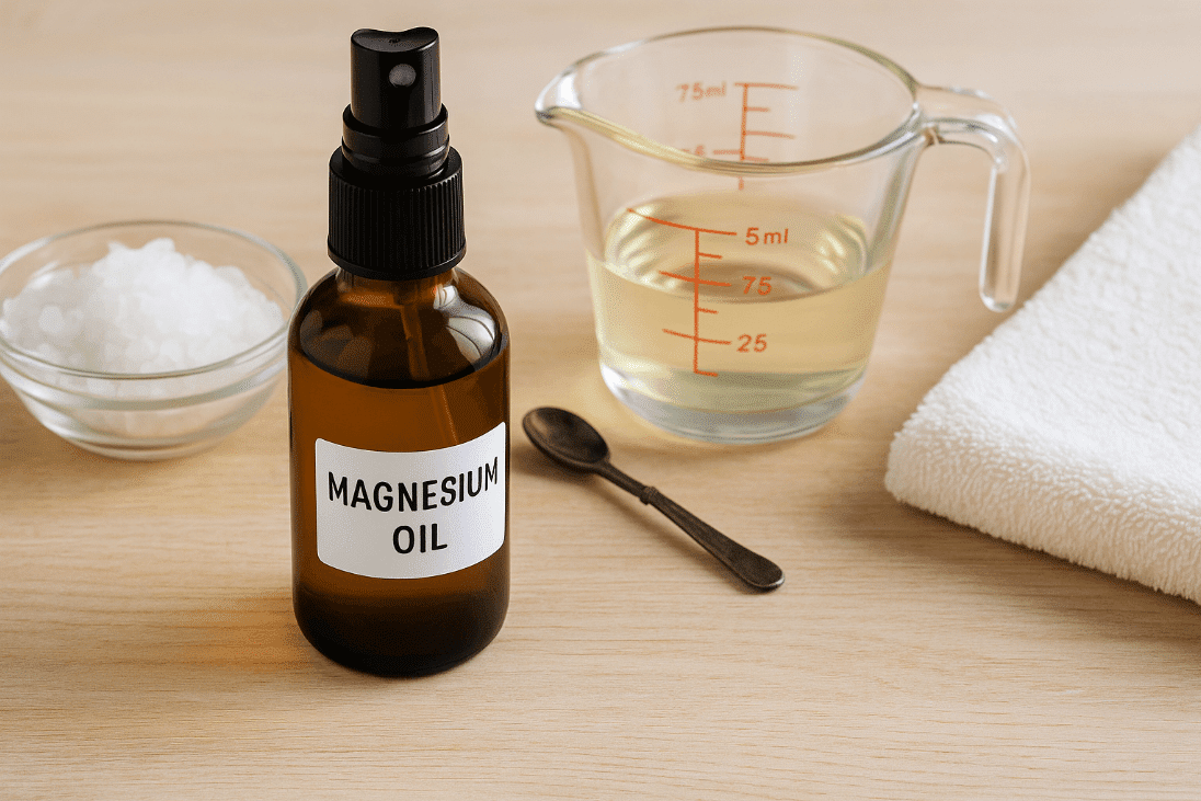 Bottle of magnesquin oil with measuring cup and spoon on a table