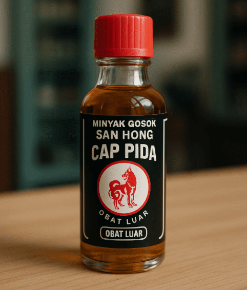 Bottle of San Hong Cap Pida oil on table