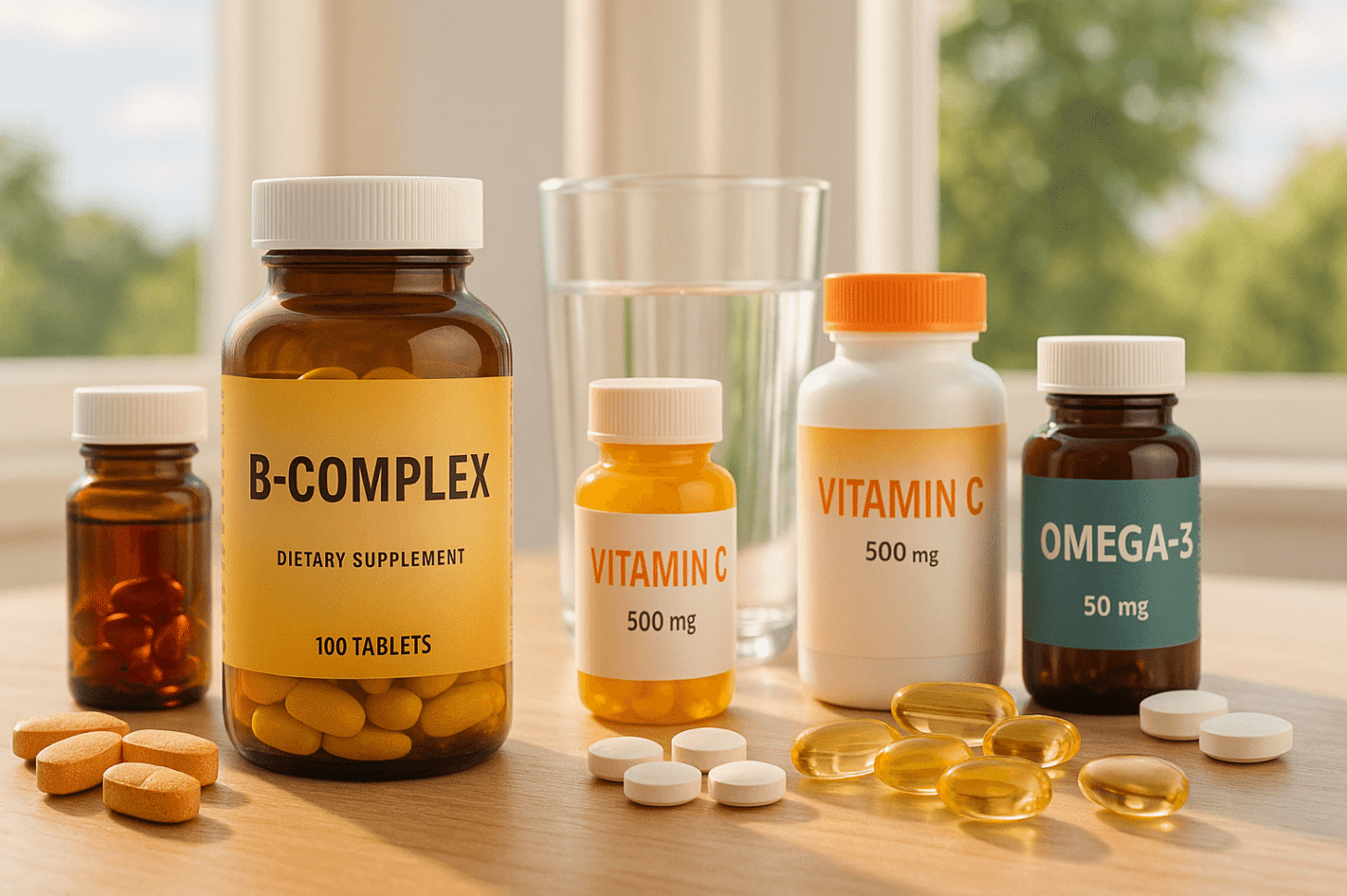 Bottles of vitamins and a glass of water on a table