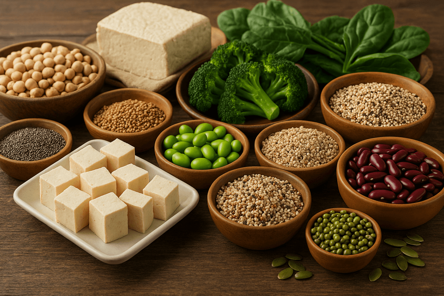 Bowls of plant-based protein foods on a wooden table