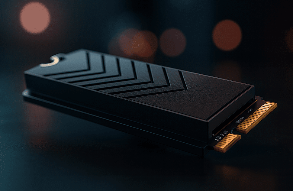 Close up of black SSD NVMe Gen 4 device on table