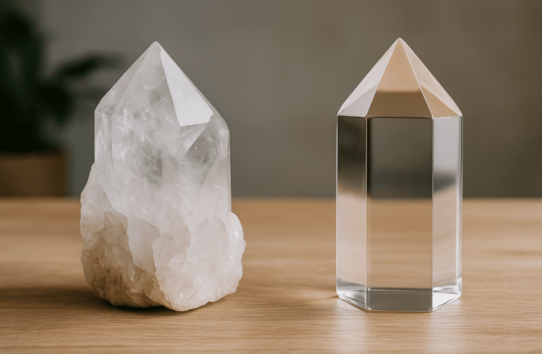 Crystal and rock on table for quartz authenticity guide