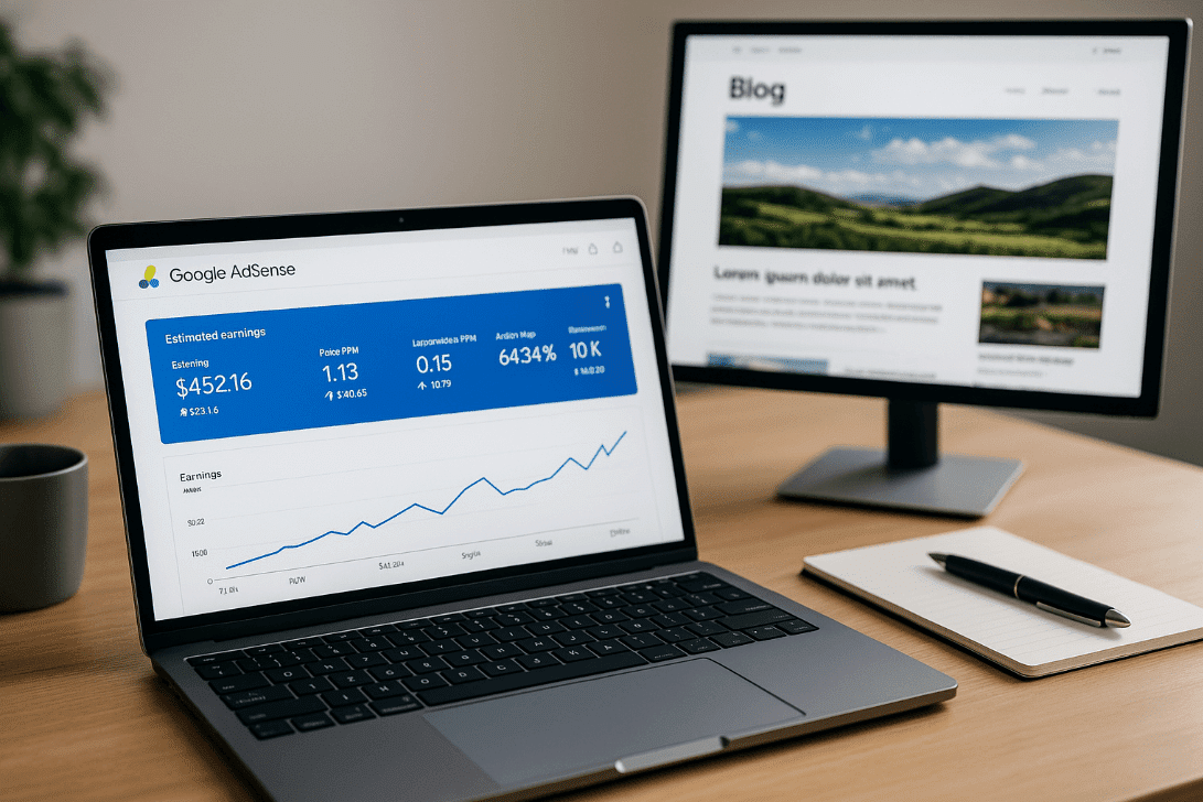 Laptop computer on wooden desk for blog earnings analysis