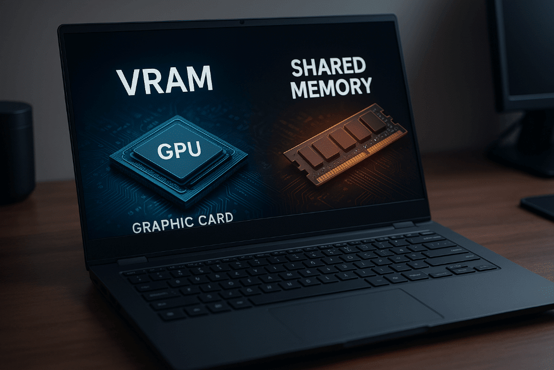 Laptop computer on wooden desk for gaming VRAM and shared memory discussion
