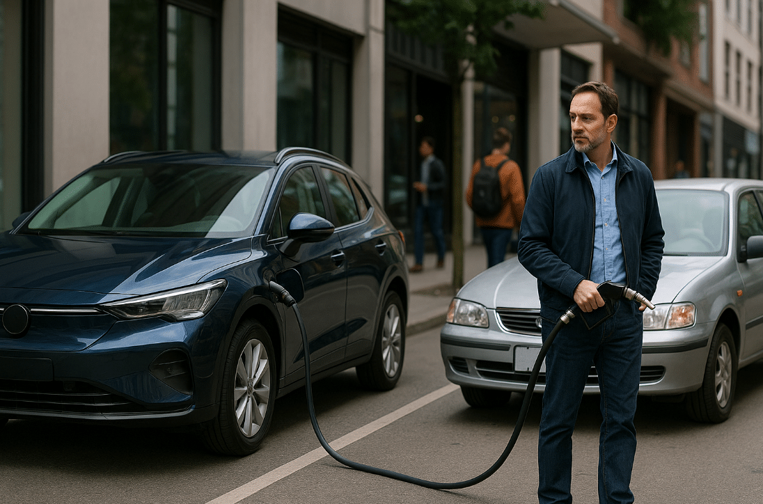 Man charging electric car with a hose