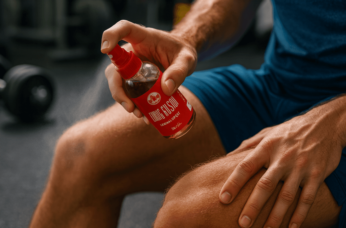 Man holding a bottle of Zheng Gu Shui spray