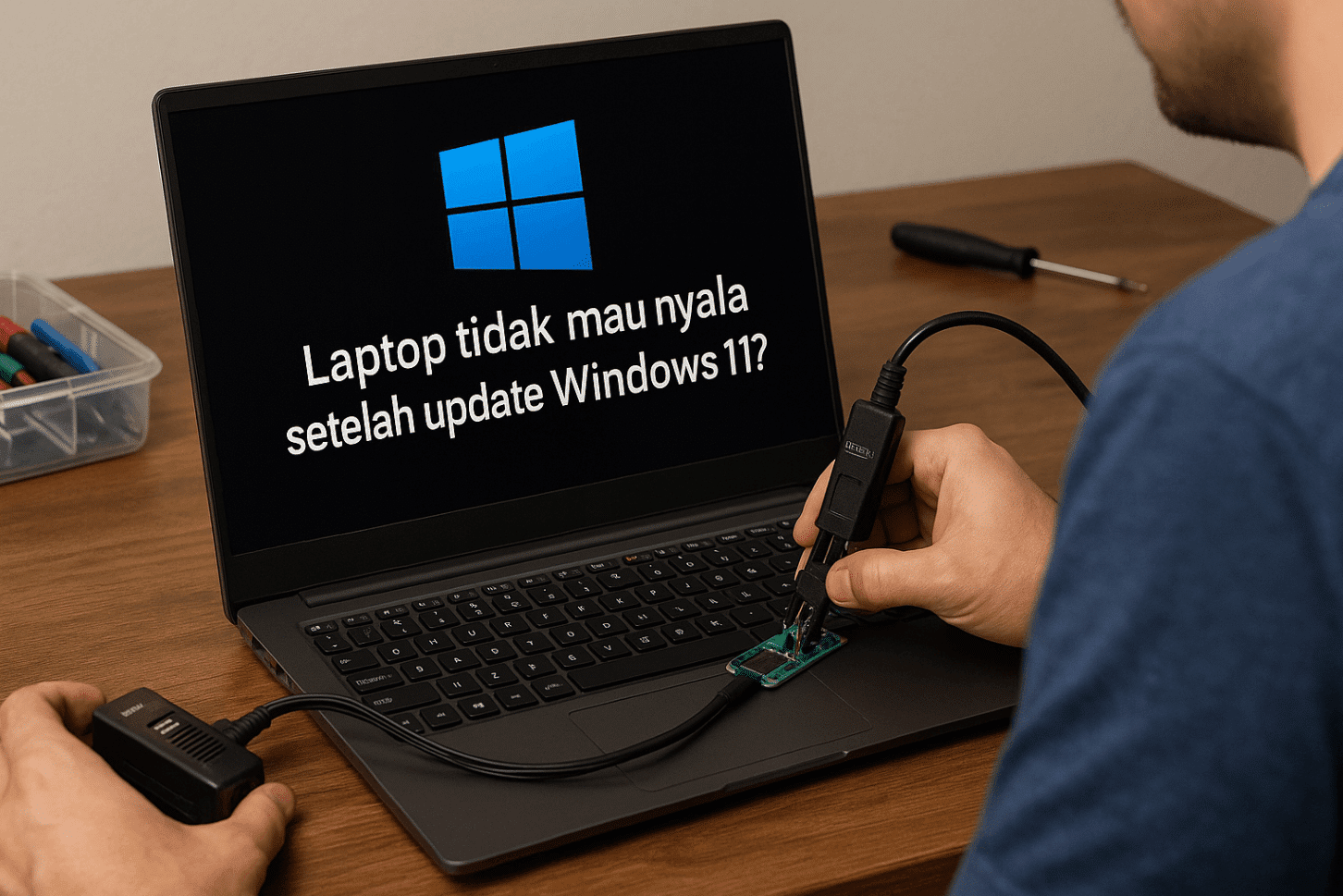 Man plugging laptop into computer troubleshooting Windows 11 issue