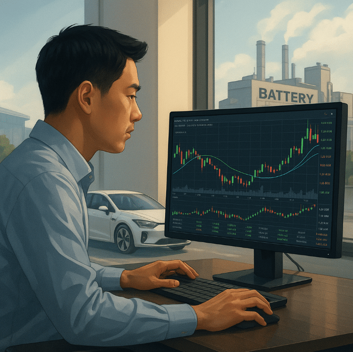 Man researching electric vehicle battery stocks on computer