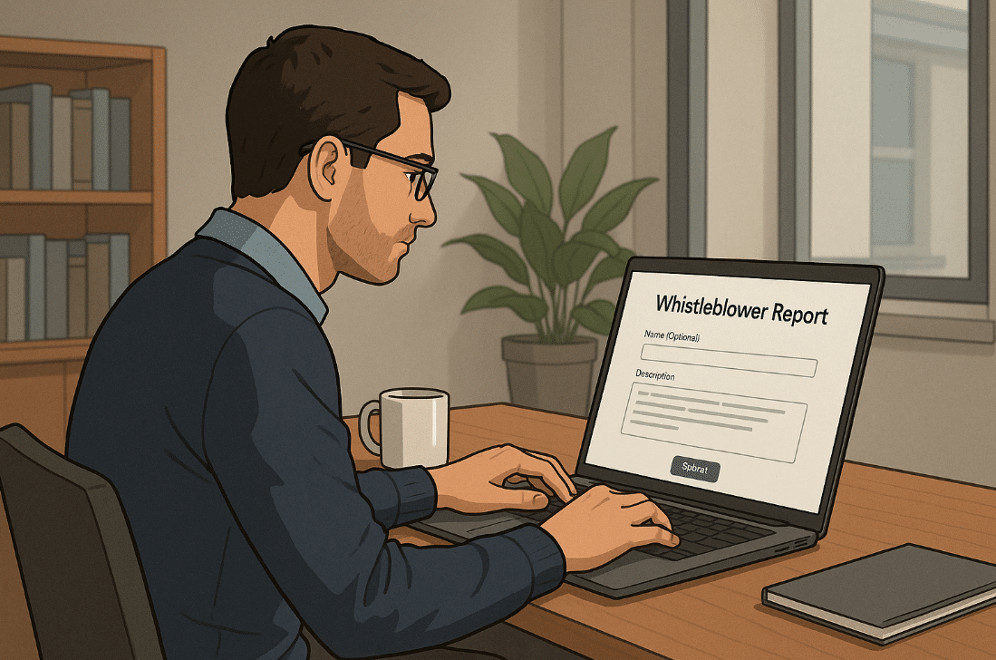 Man sitting in front of laptop discussing whistleblower function