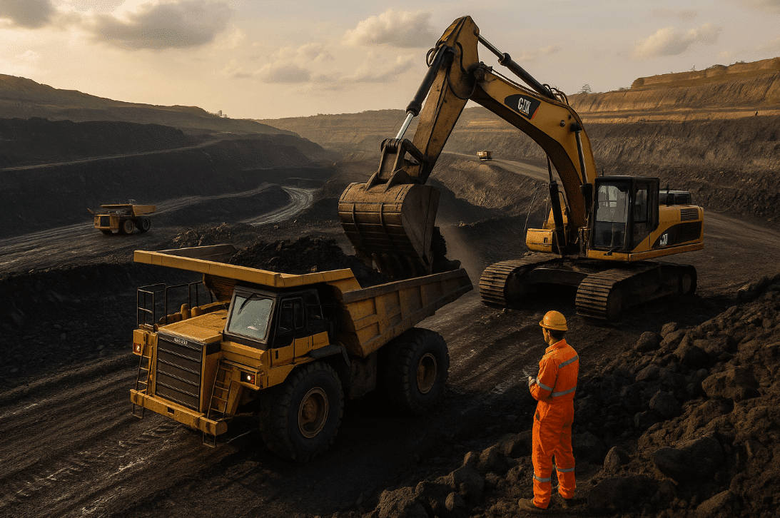 Man standing before bulldozer on dirt road