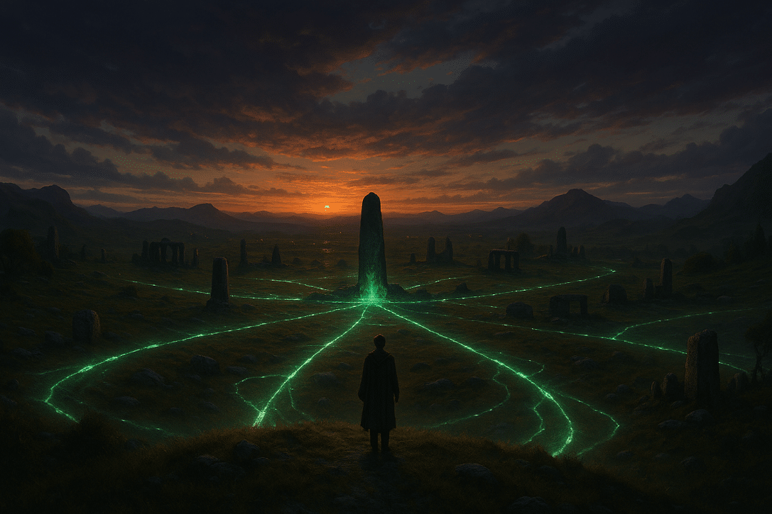 Man standing in a field under night sky