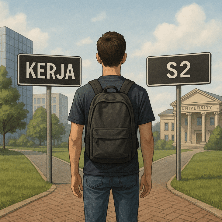 Man standing near decision street signs for study or work