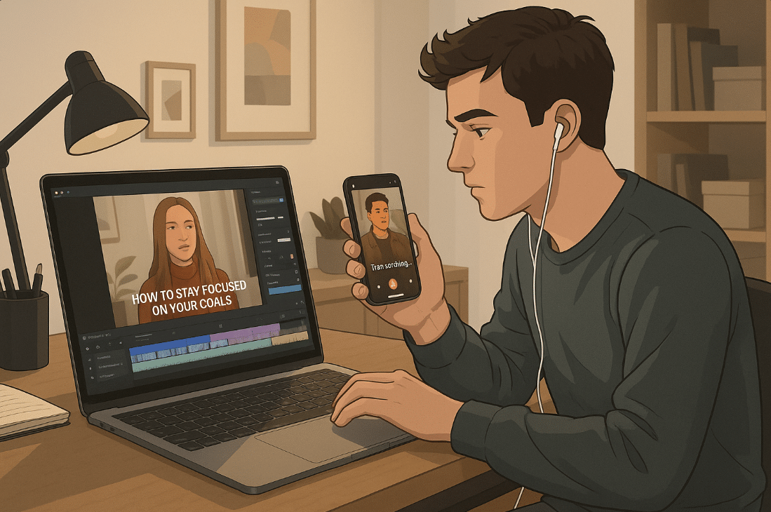 Man using laptop and holding phone for video transcription apps