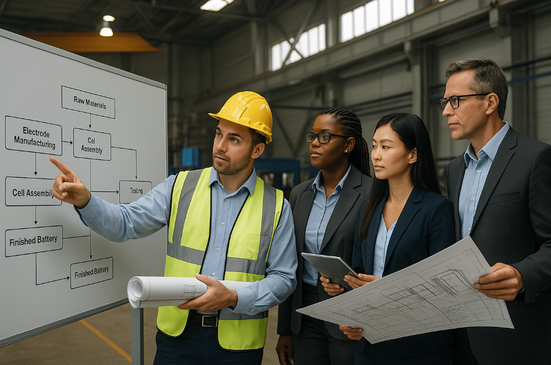 People collaborating around a whiteboard in electric battery company