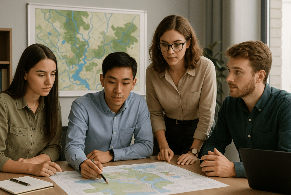 People discussing a map during a meeting