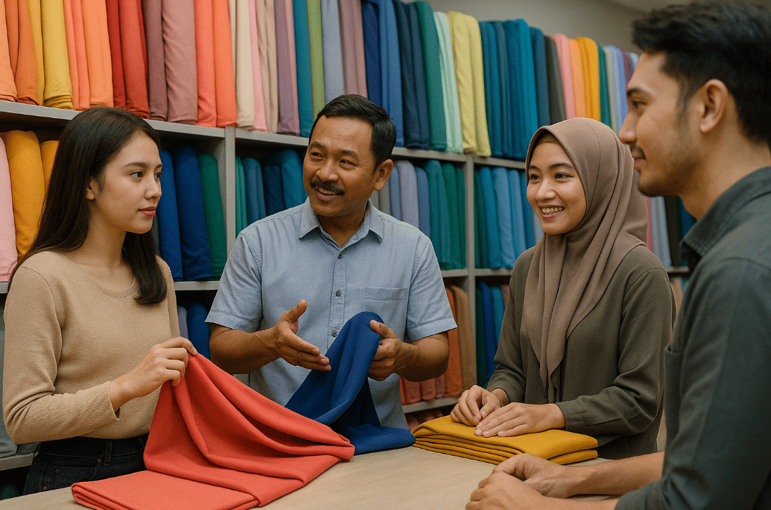 People shopping for fabric at Tanah Abang market