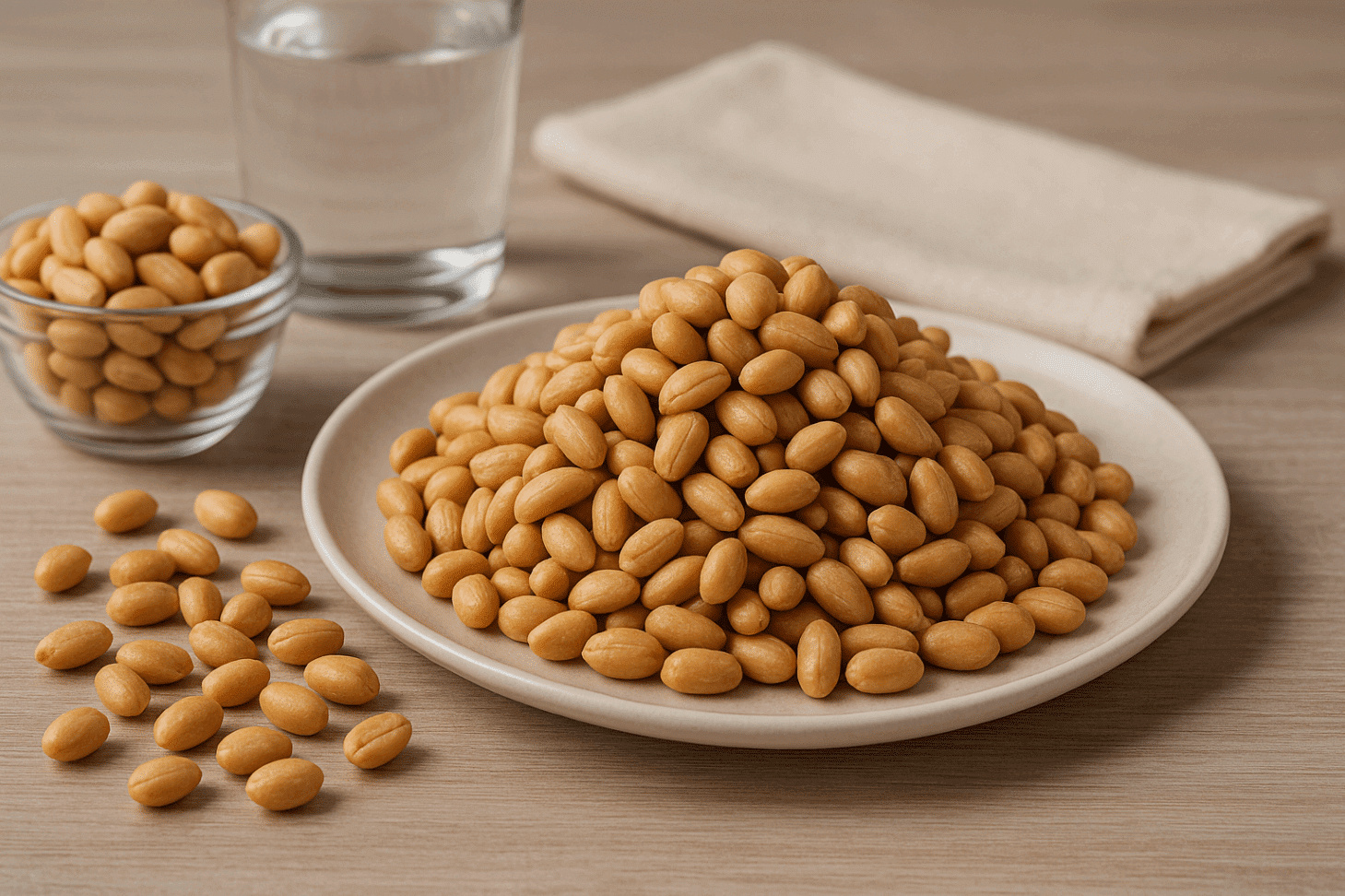 Plate of peanuts beside a glass of water