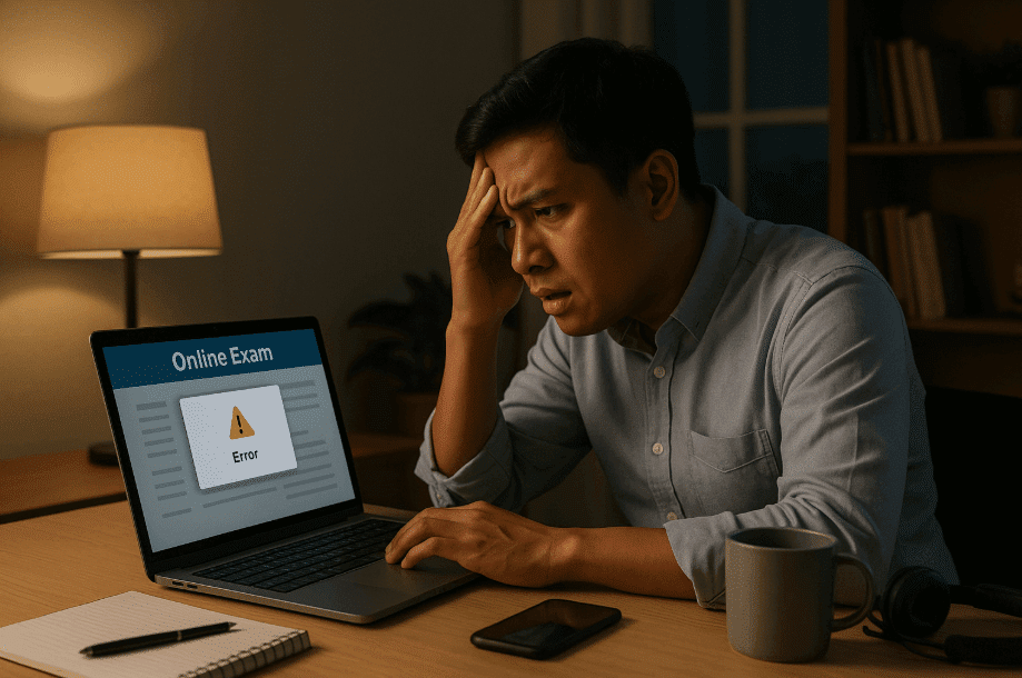 Pria duduk di depan laptop selama tes CPNS online dari rumah