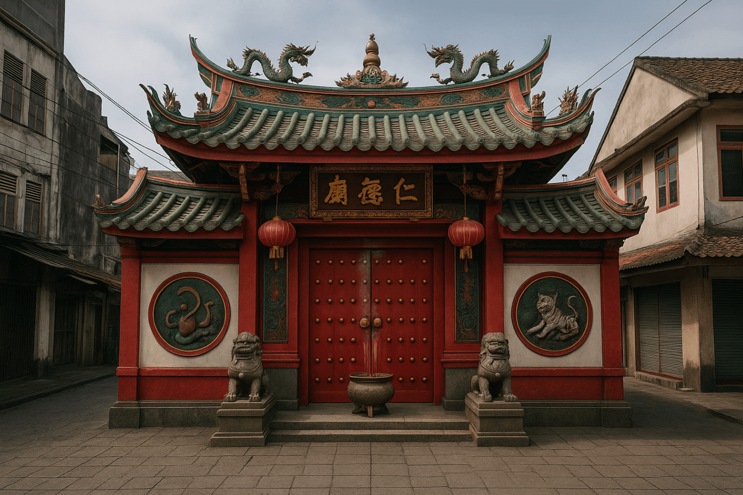Red and white temple with dragon statue in Bogor