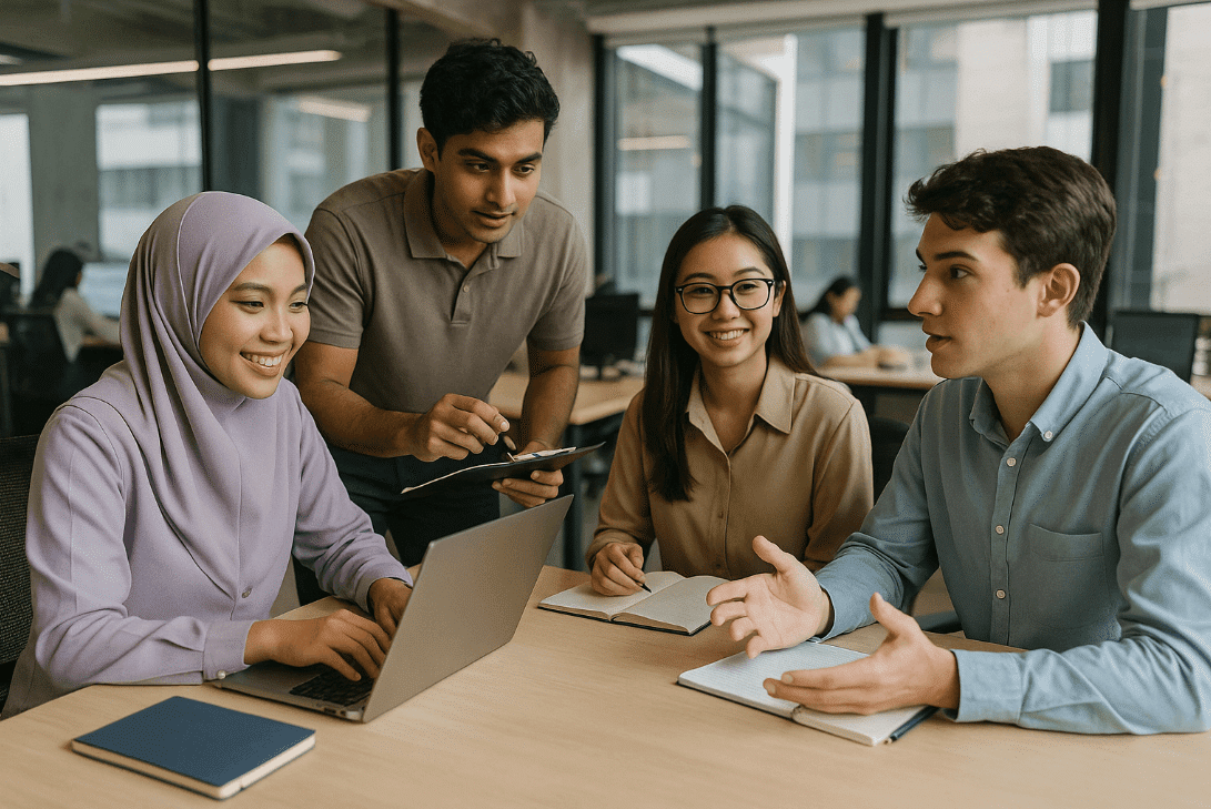 Students discussing course options around a laptop