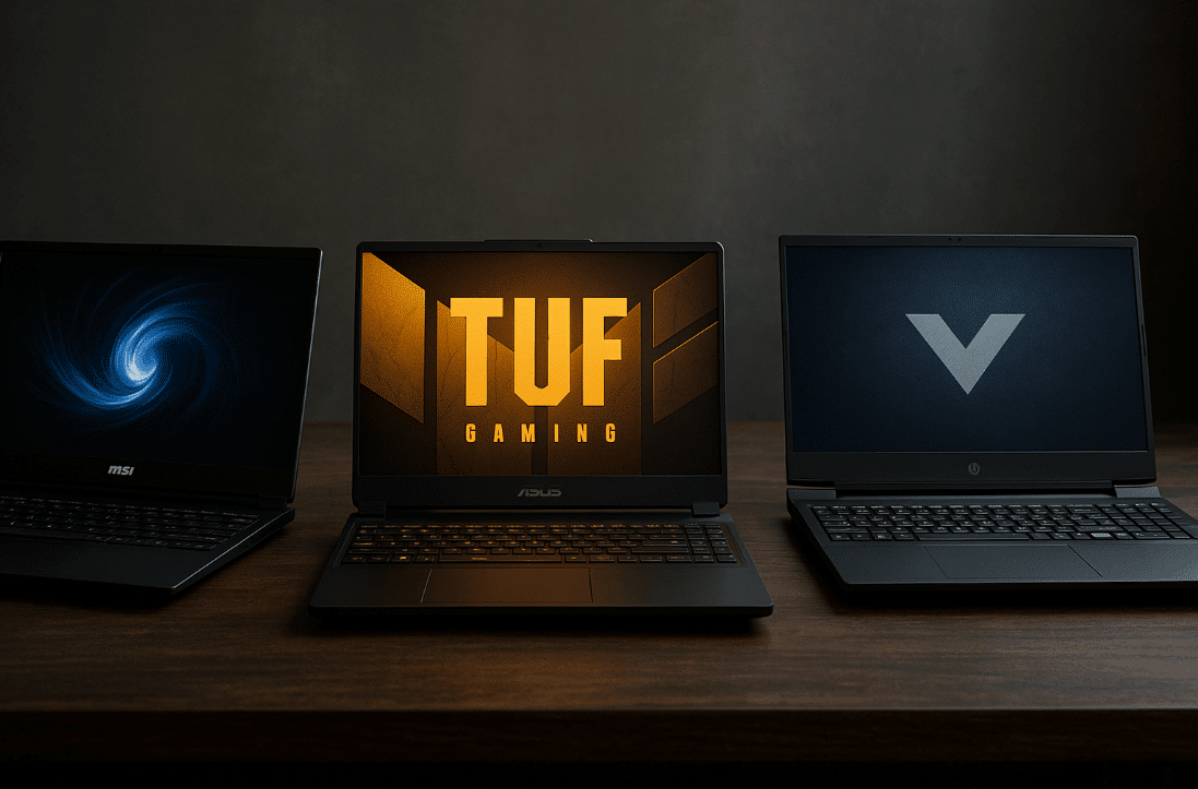 Three gaming laptops from MSI, ASUS, and HP Victus on a table