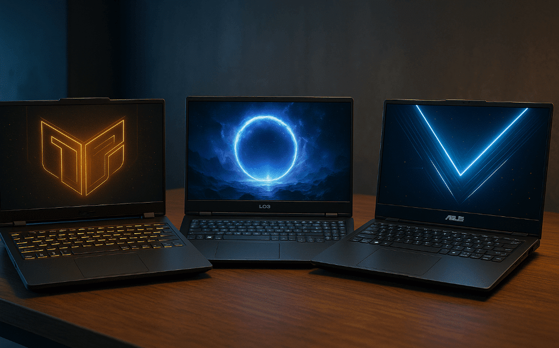 Three gaming laptops on a wooden table