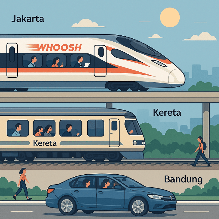Train and car on railway track to Bandung