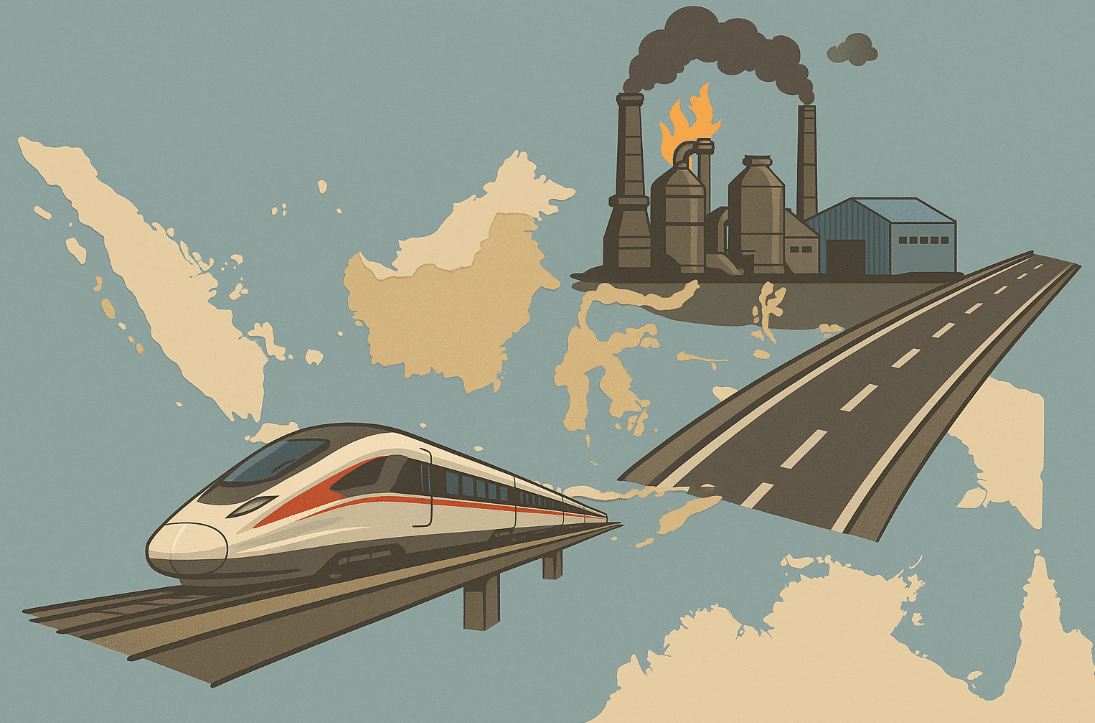 Train on tracks beside factory